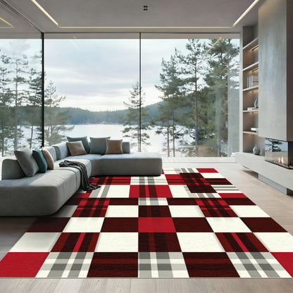 Modern Red White Plaid Geometric Check Rug