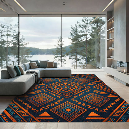 Vibrant Orange Blue Geometric Tribal Diamond Rug