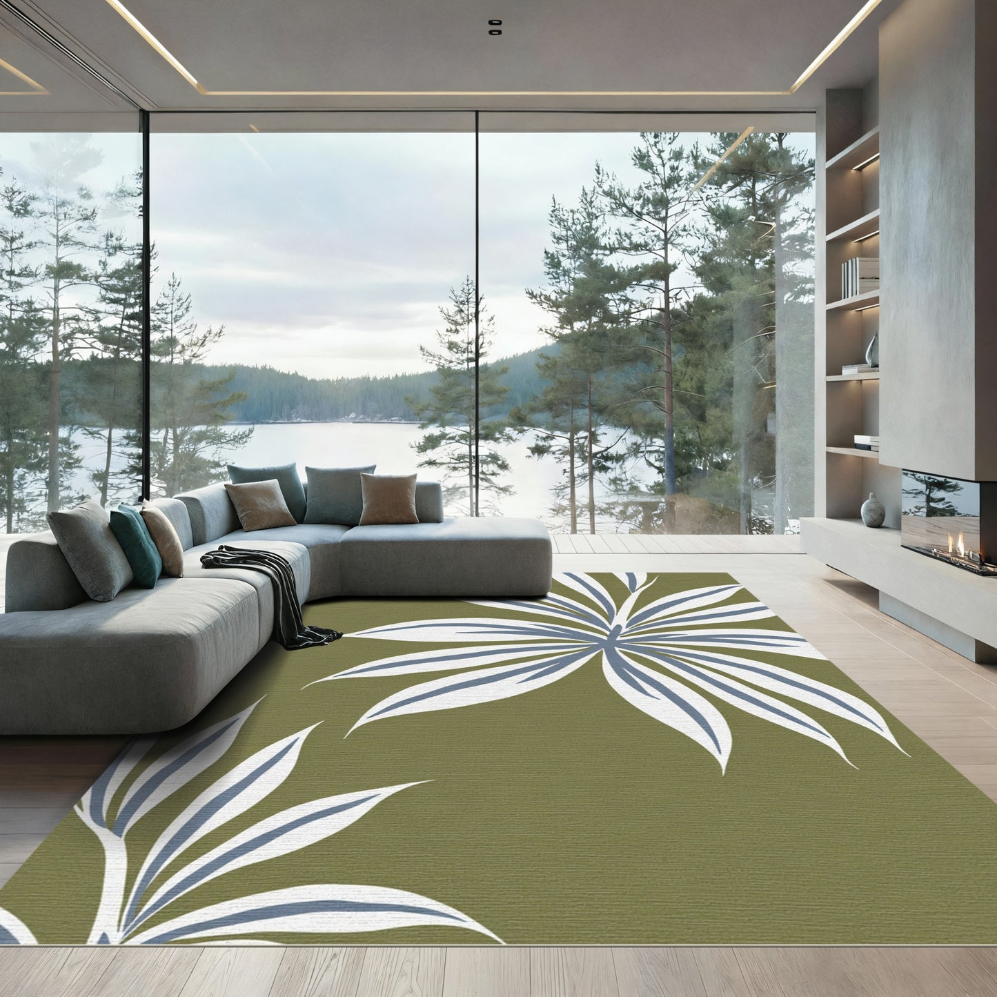Olive Green Tropical Leaf Medley Rug