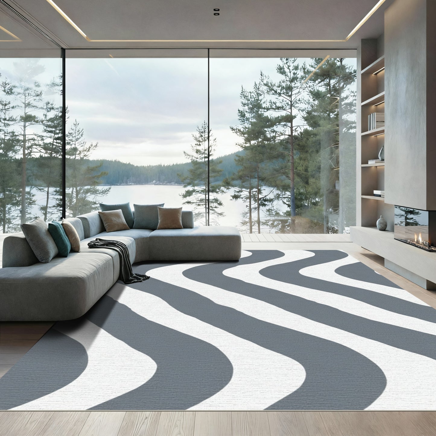 Grey White Wavy Stripe Accent Rug