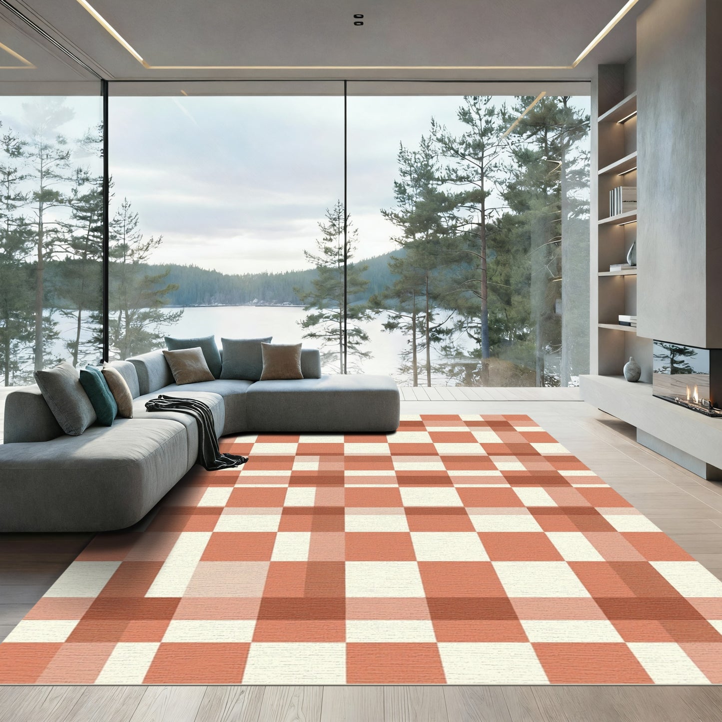 Terracotta Cream Checkered Squares Rug