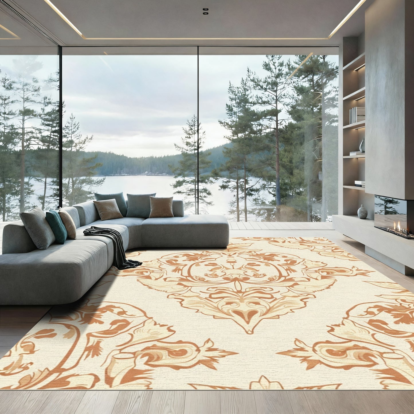 Ornate Beige and Brown Damask Scroll Rug