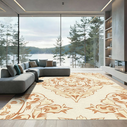 Ornate Beige and Brown Damask Scroll Rug