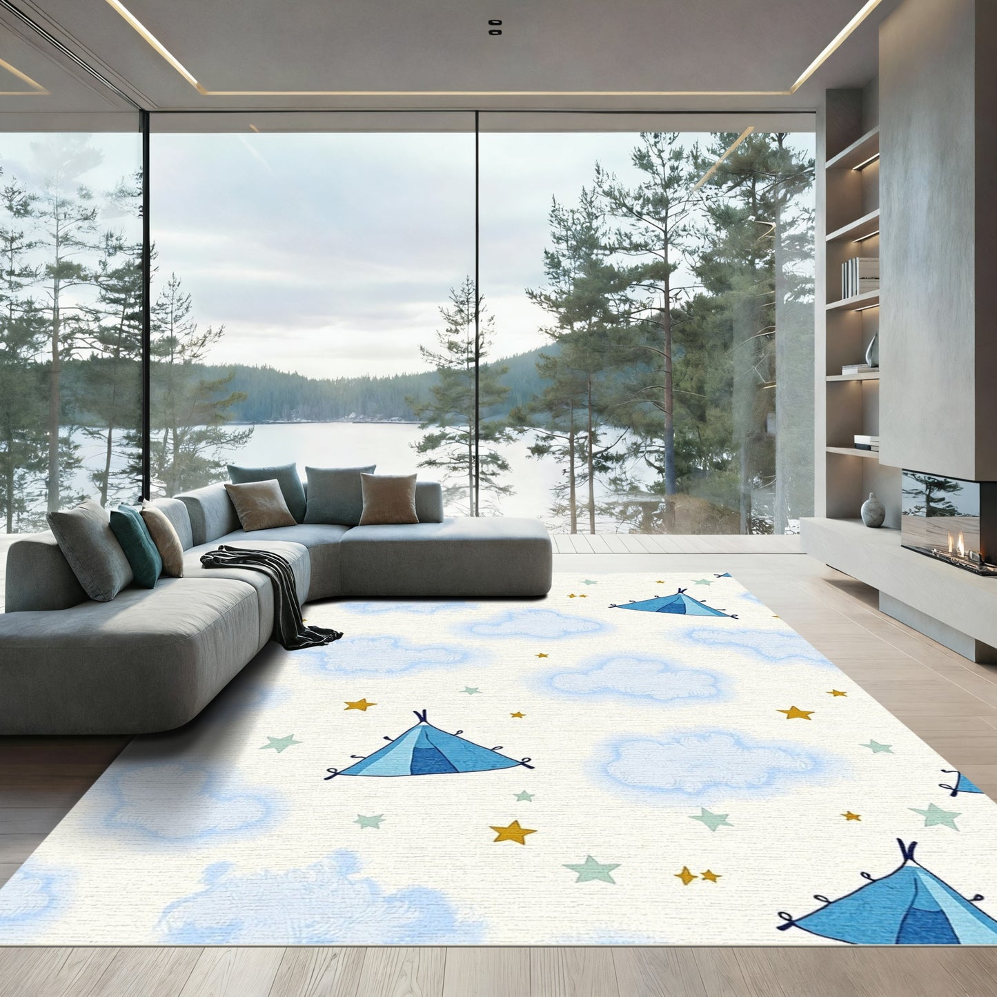 Blue Teepee Clouds Gold Stars Rug