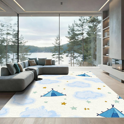 Blue Teepee Clouds Gold Stars Rug