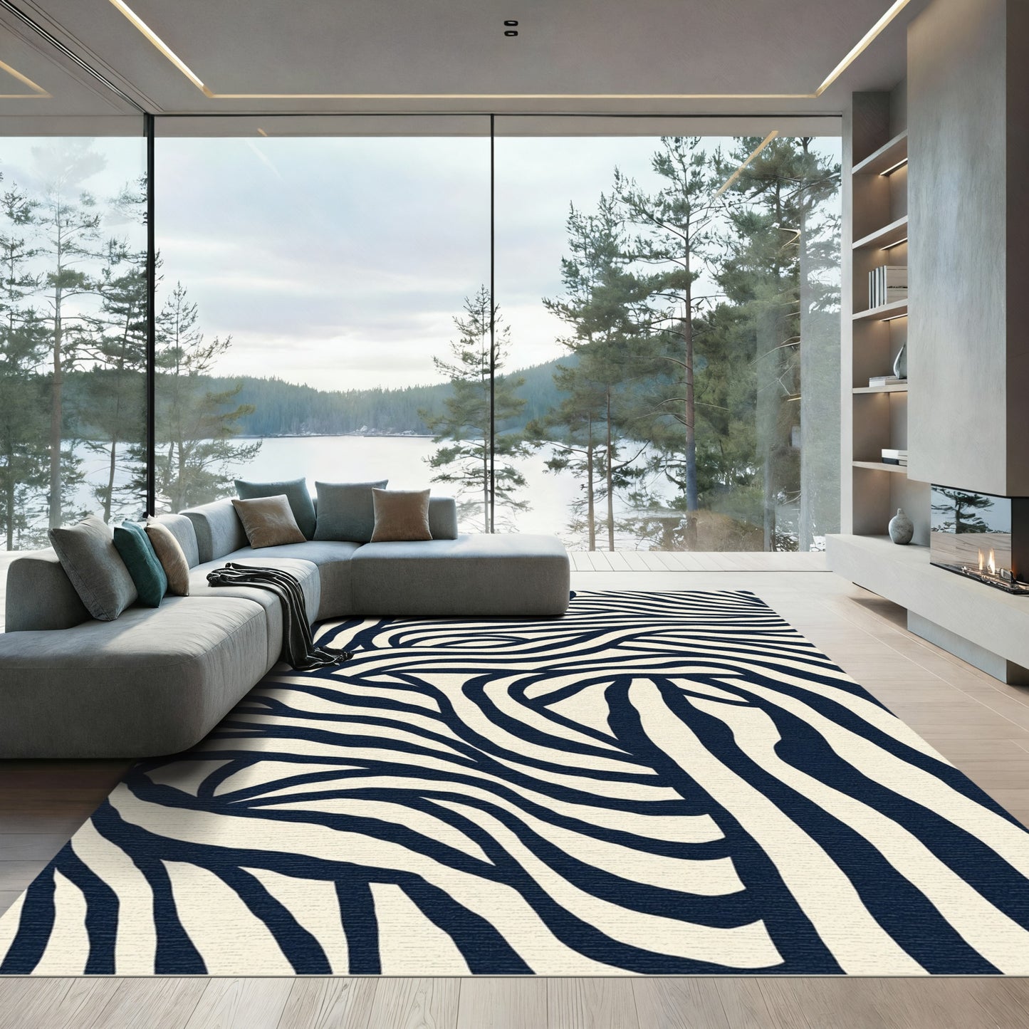 Dark Blue Cream Zebra Stripe Movement Rug