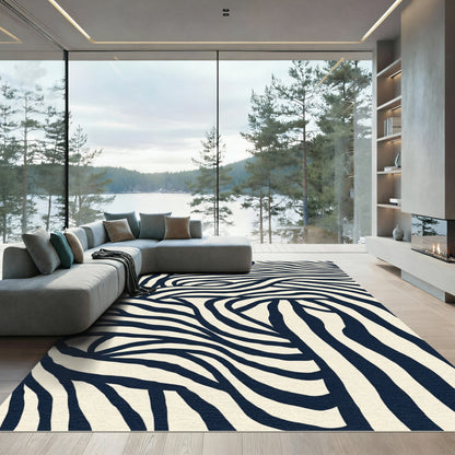 Dark Blue Cream Zebra Stripe Movement Rug