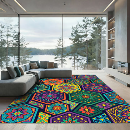 Vibrant Colorful Hexagonal Floral Mosaic Rug