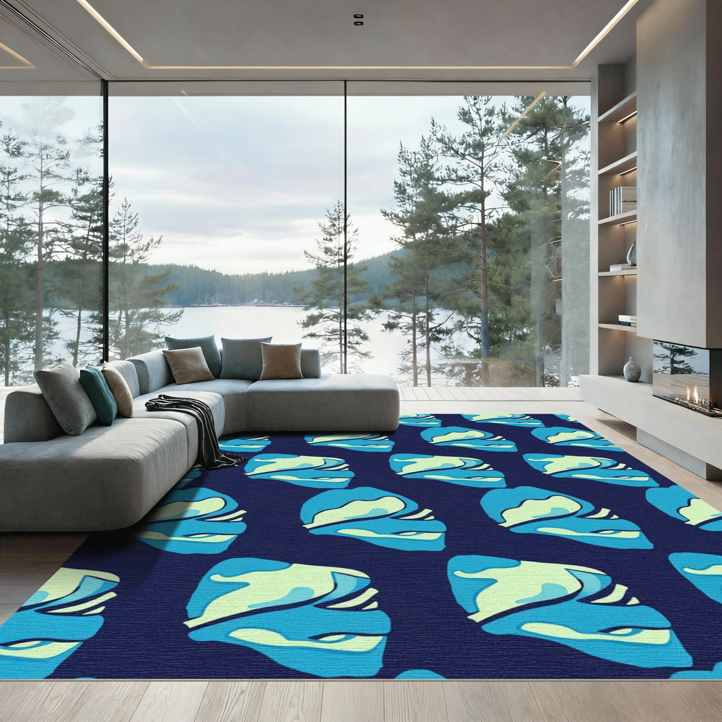 Deep Blue Aqua Abstract Swirl Rug