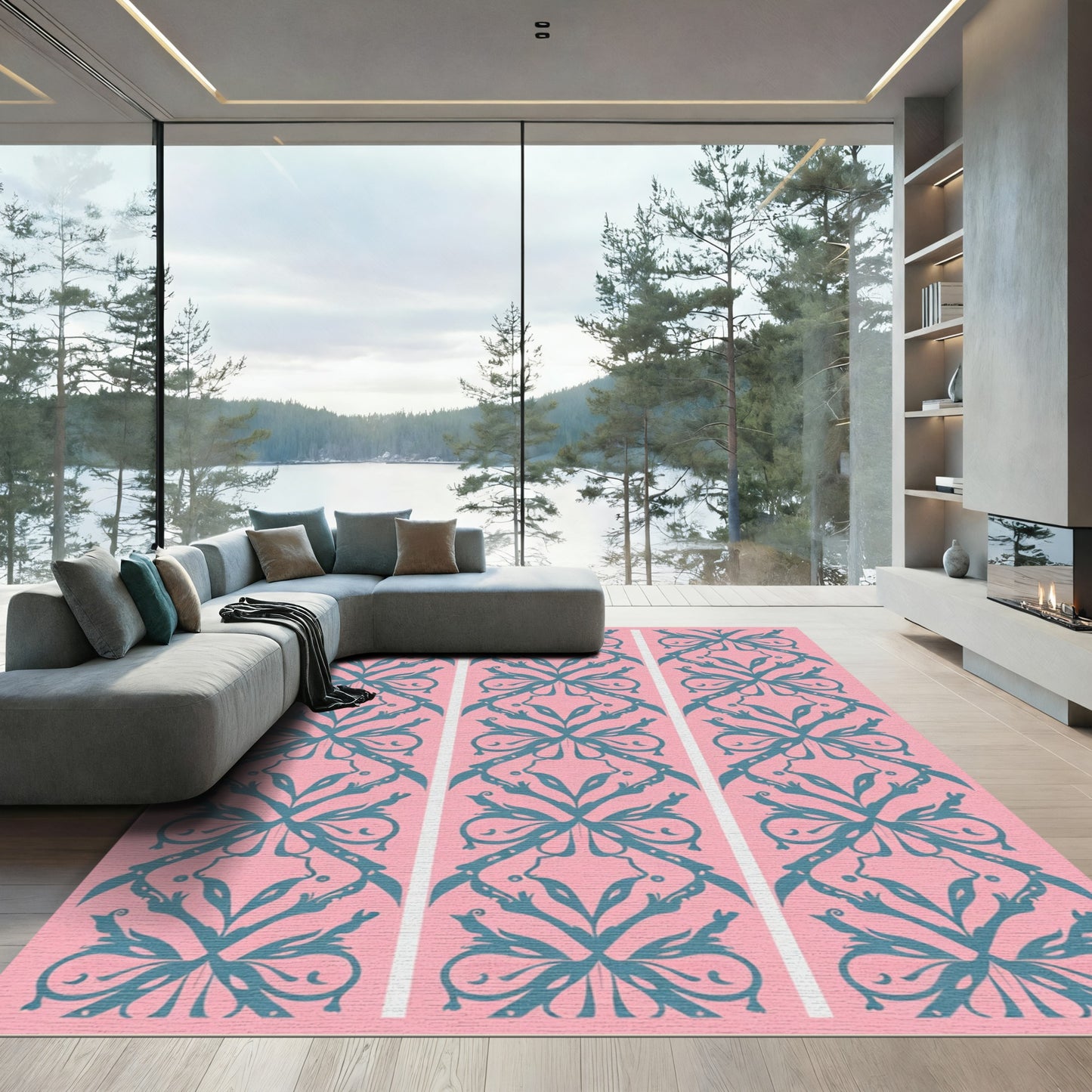 Teal Flourish Vertical Stripe Rug