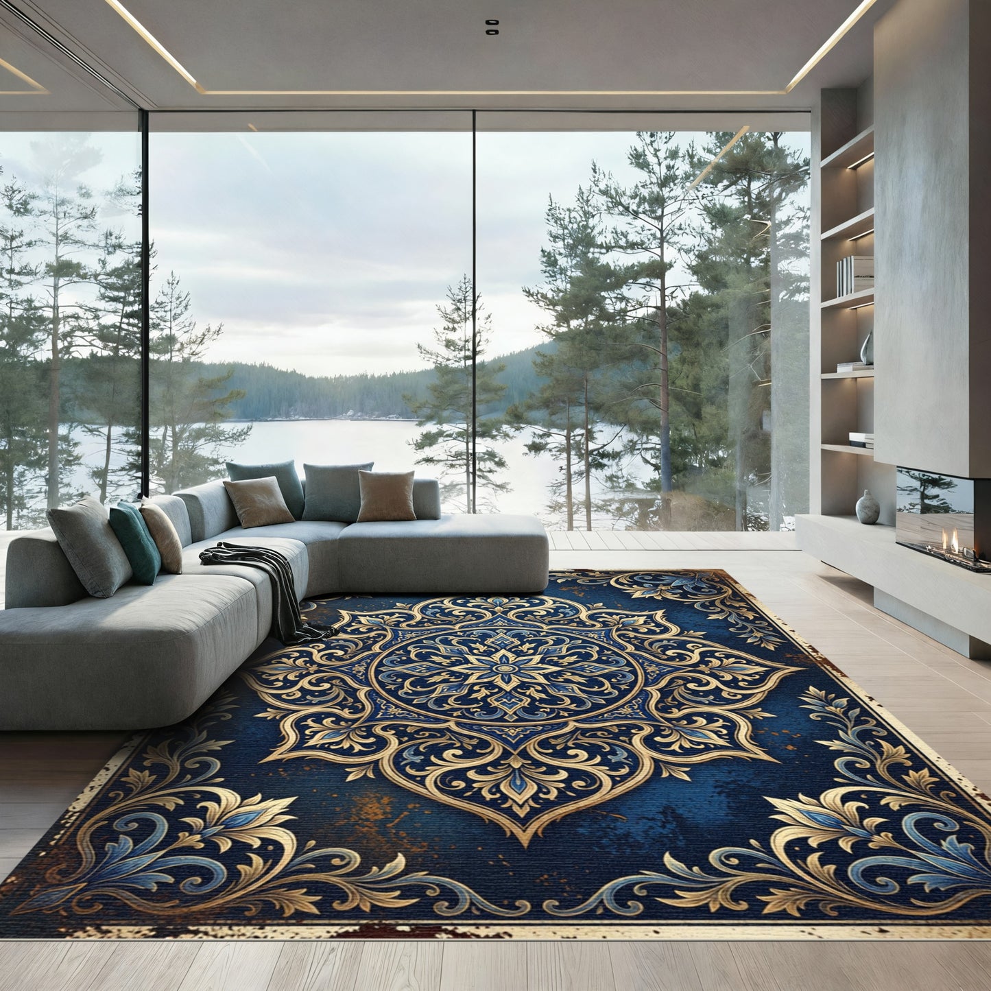 Ornate Sapphire Gold Medallion Rug