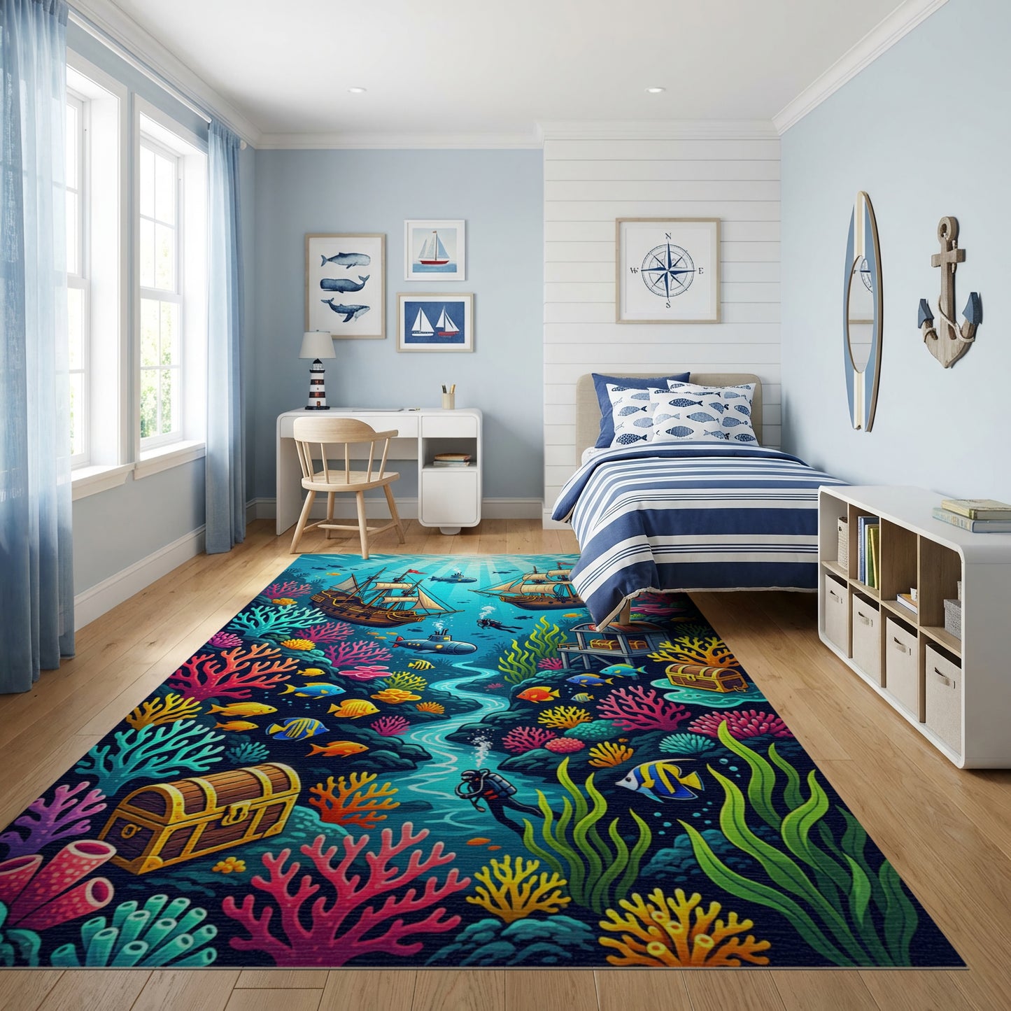 Vibrant Underwater Sunken Ships Coral Treasure Rug