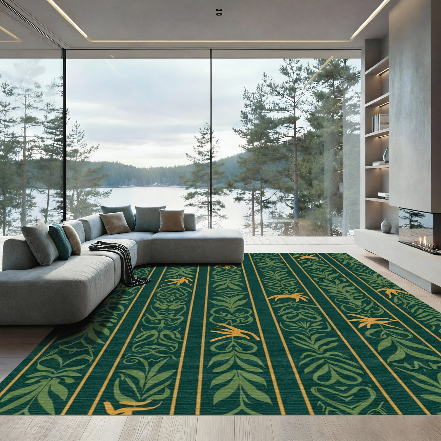 Deep Green Golden Tropical Stripe Rug