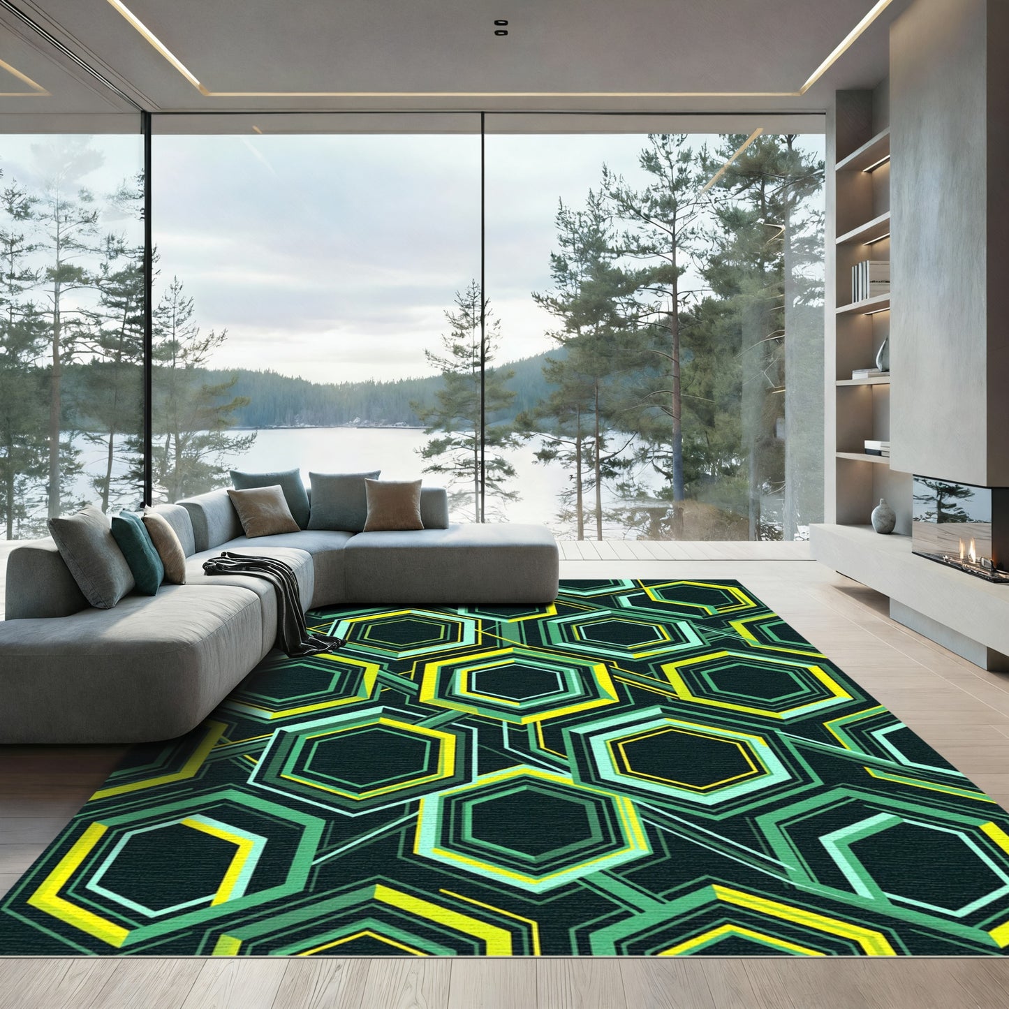 Geometric Lime and Teal Hexagon Grid Rug