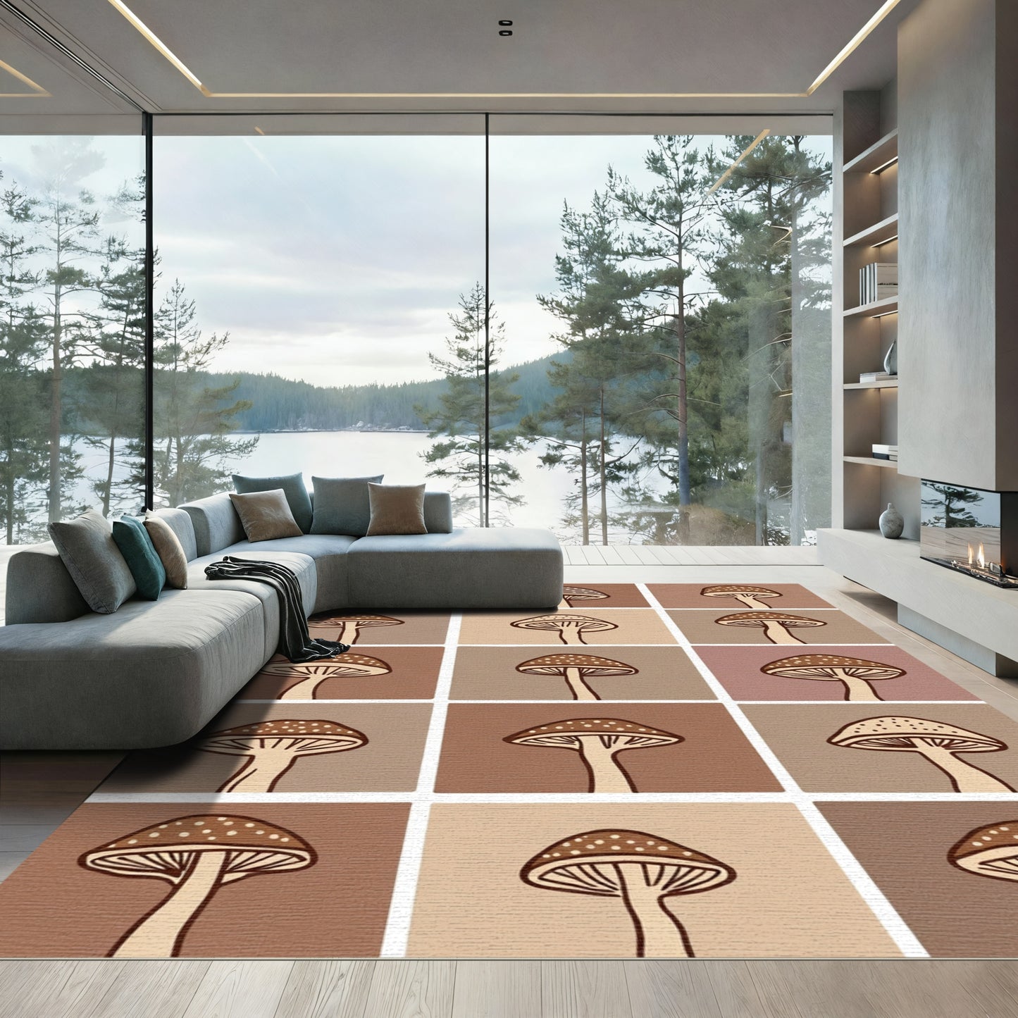 Brown Mushroom Grid Pattern Rug