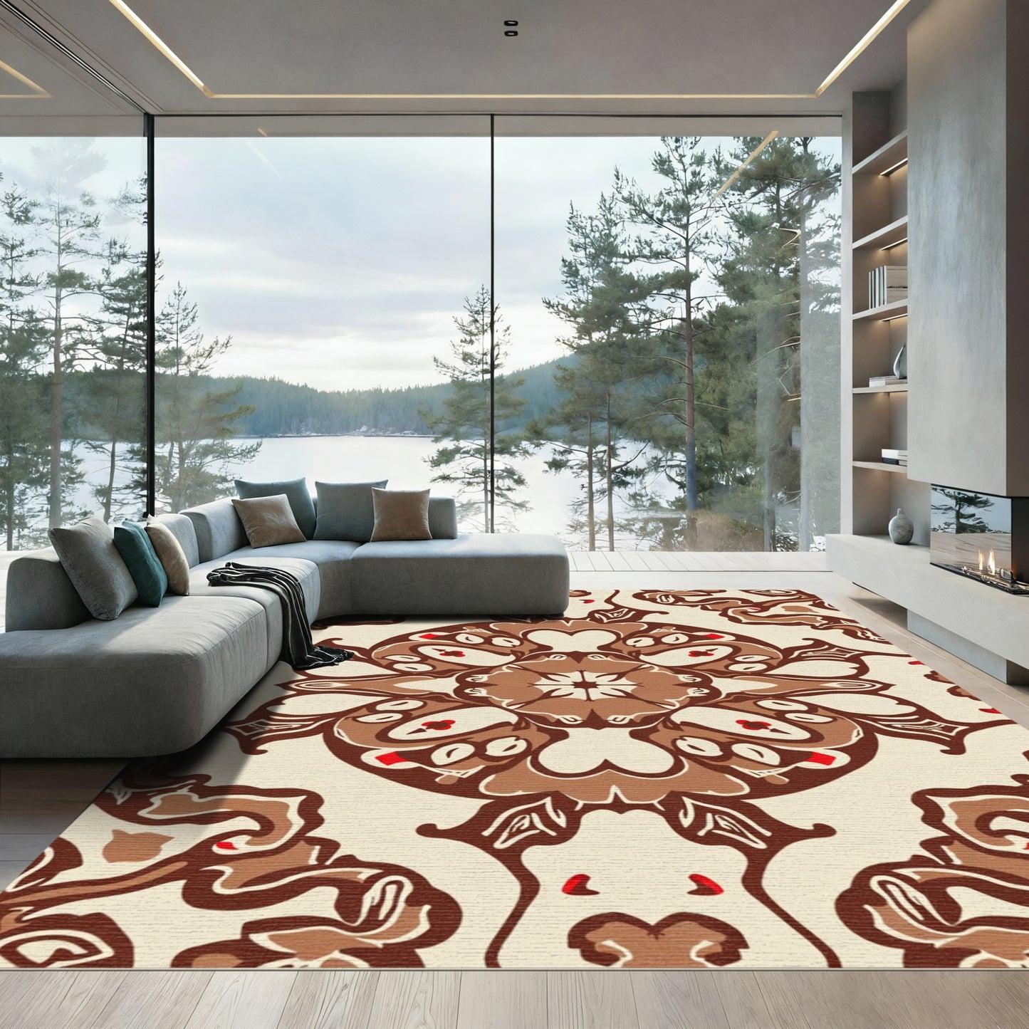 Chocolaty Brown Abstract Floral Medallion Rug