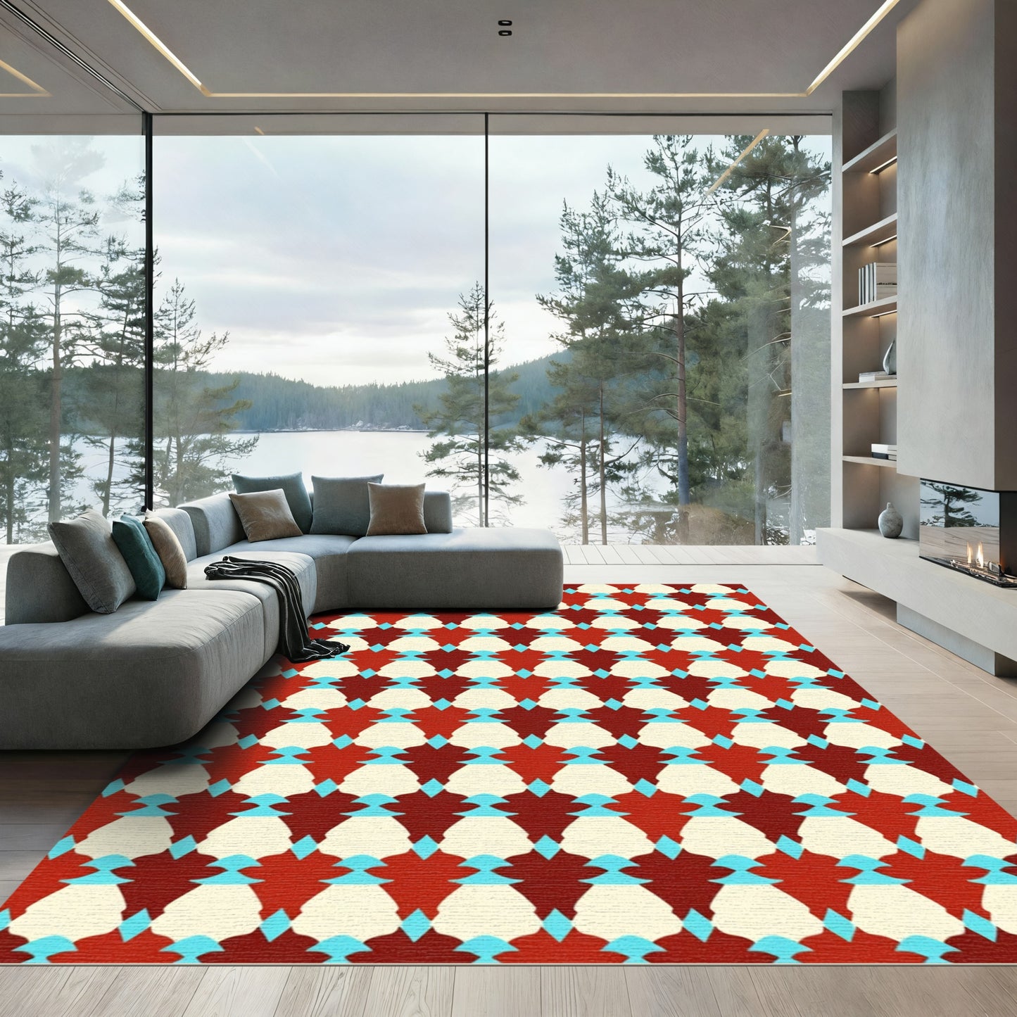 Crimson Teal And Cream Geometric Cascade Rug
