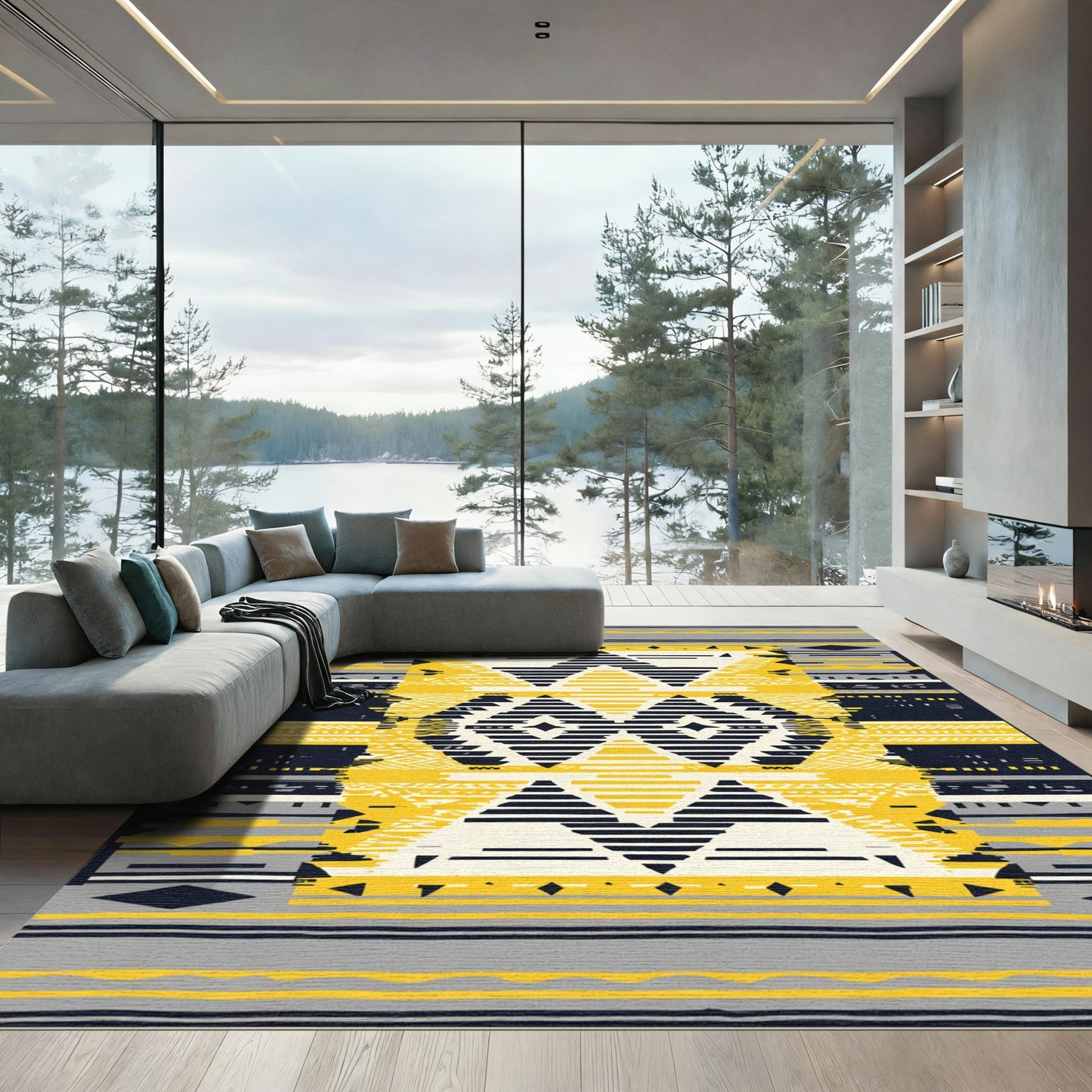 Bold Yellow Black Geometric Diamond Rug