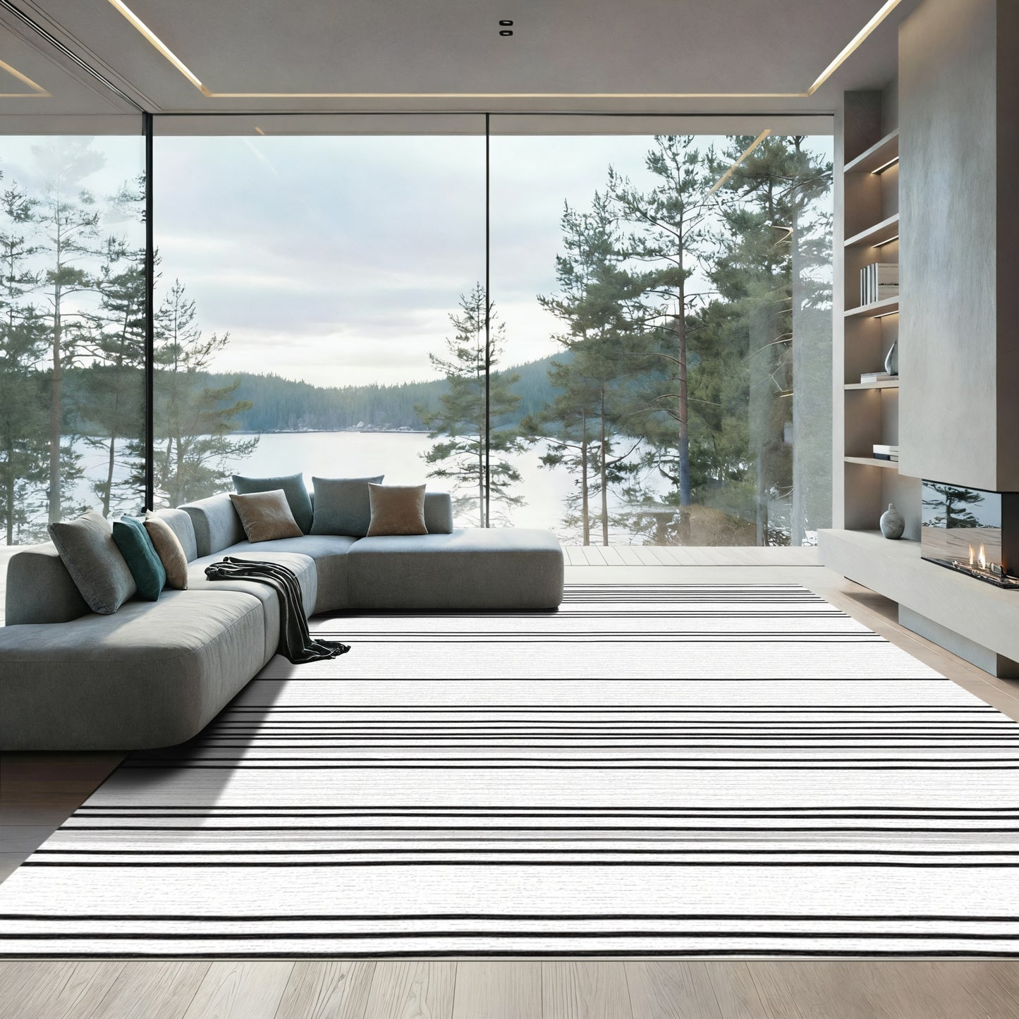 Bold Black White Linear Stripe Rug
