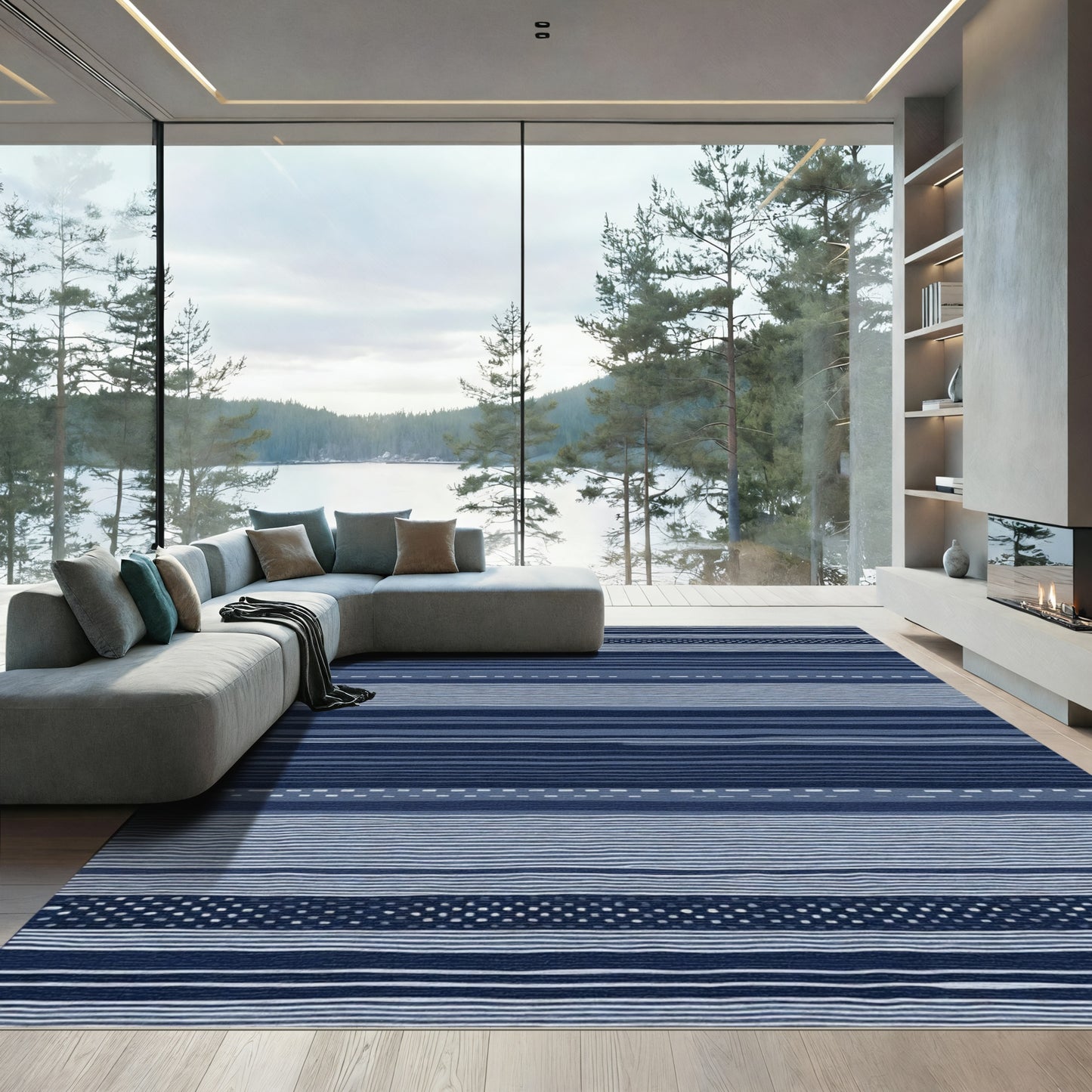 Deep Blue Horizontal Stripe Medley Rug