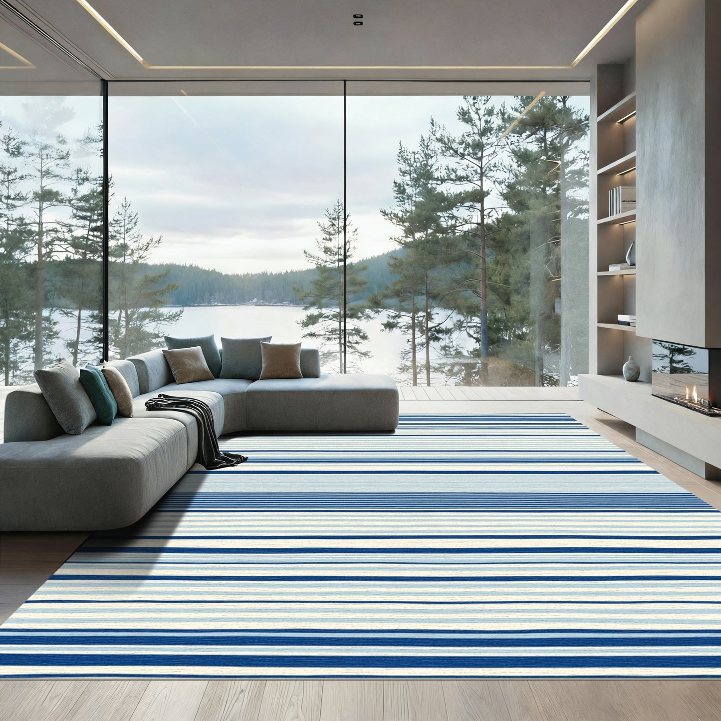 Coastal Ocean Blue Stripe Rug
