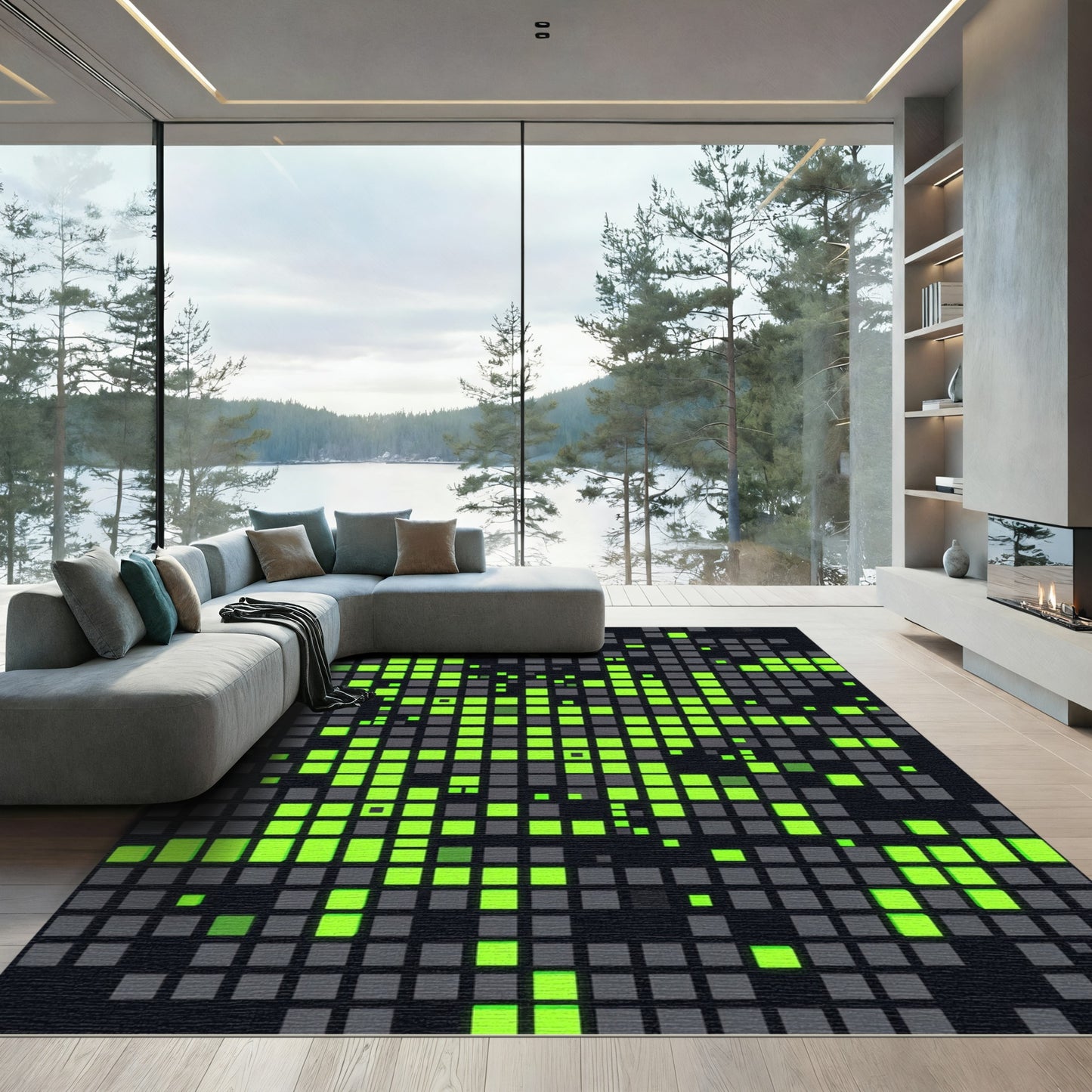 Neon Green Pixel Grid Abstract Rug