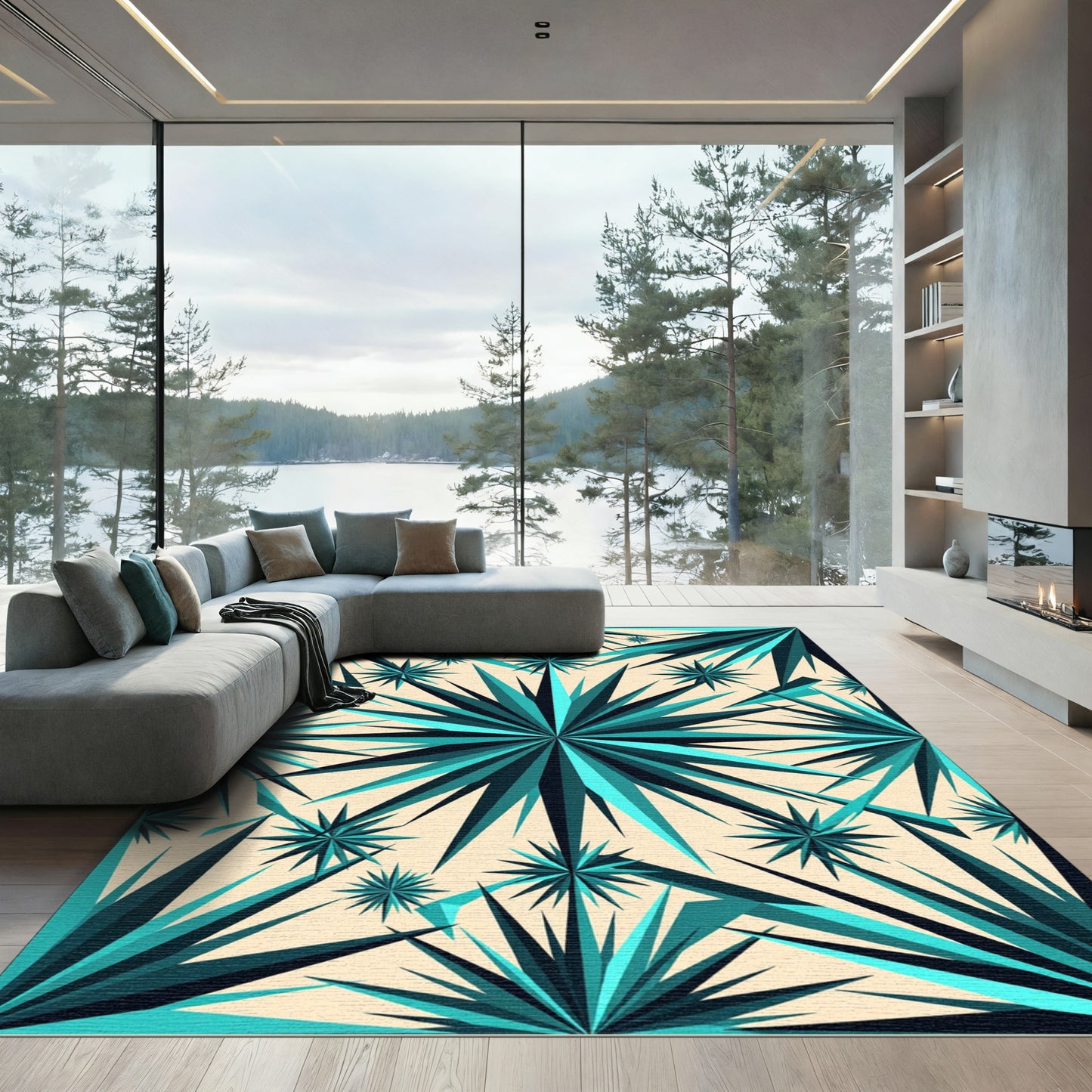 Teal Geometric Starburst Composition Rug