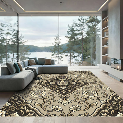 Elegant Beige Rose Floral Medallion Rug