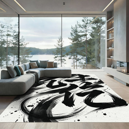 Bold Black Ink Brush Strokes Rug