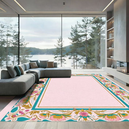 Art Nouveau Teal Floral Gold Border Rug