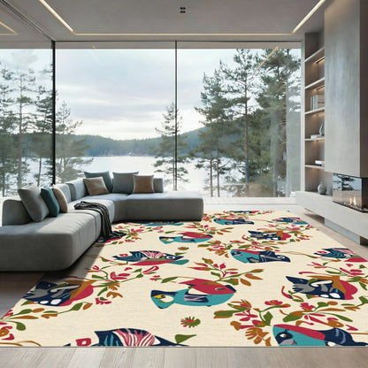 Whimsical Teal Coral Floral Fish Rug