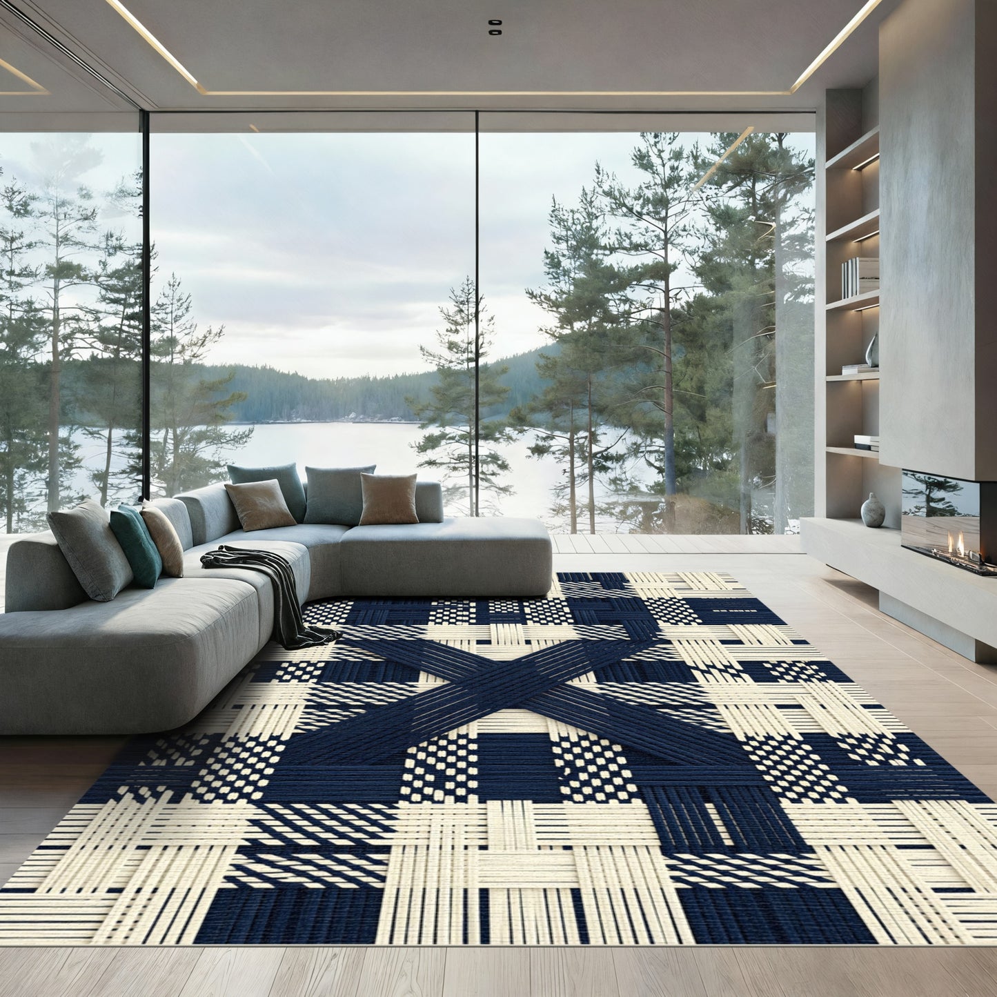 Navy Cream Woven Cross Stitch Rug