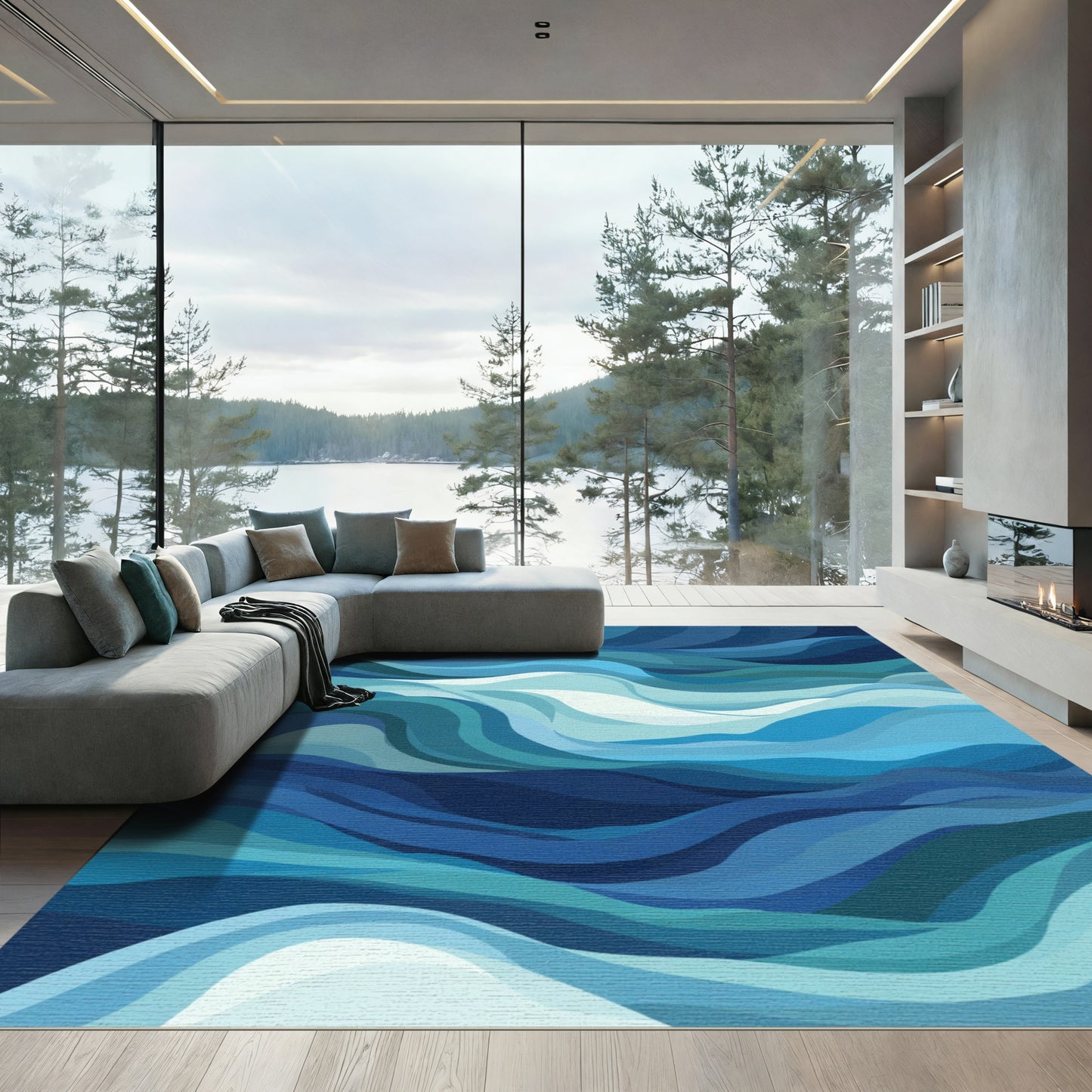 Abstract Azure Ocean Wave Layers Rug