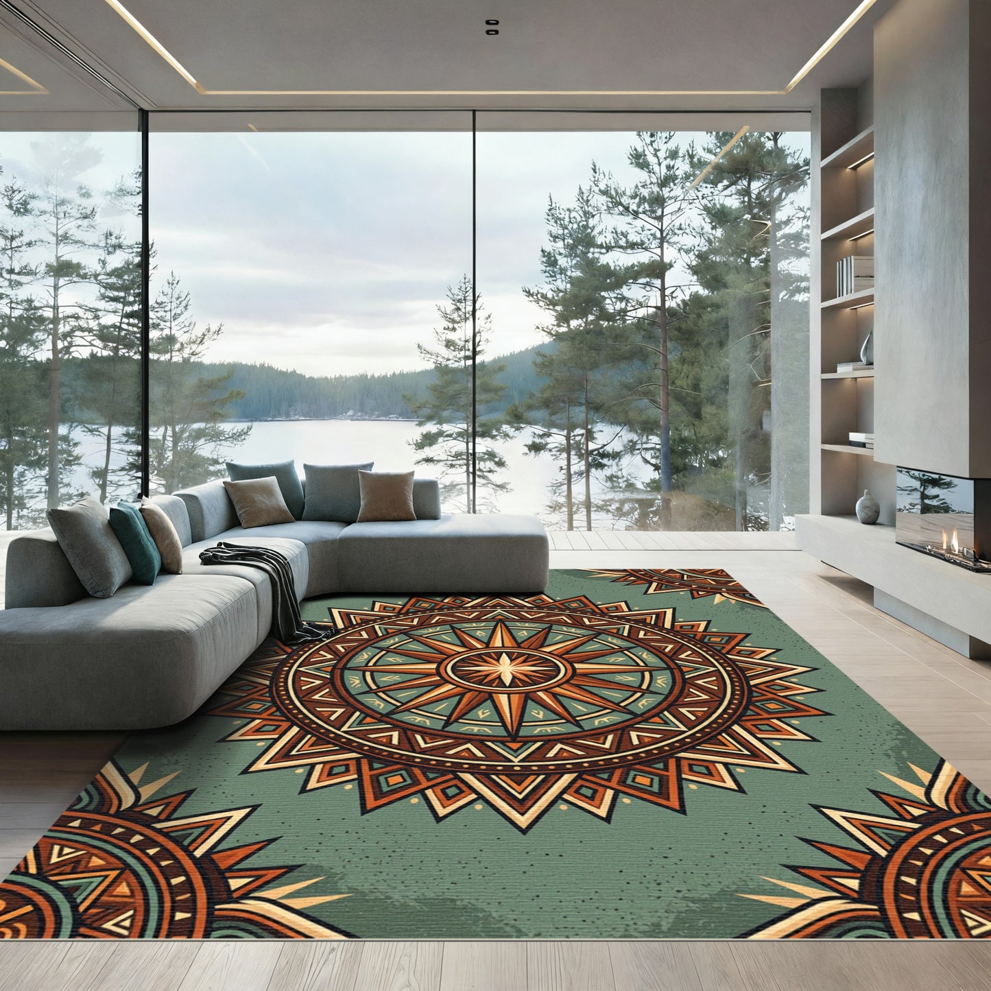 Earthy Compass Medallion Sage Star Rug