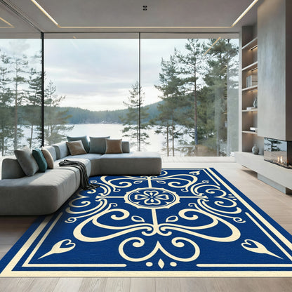 Classic Blue Ivory Scrollwork Mandala Rug
