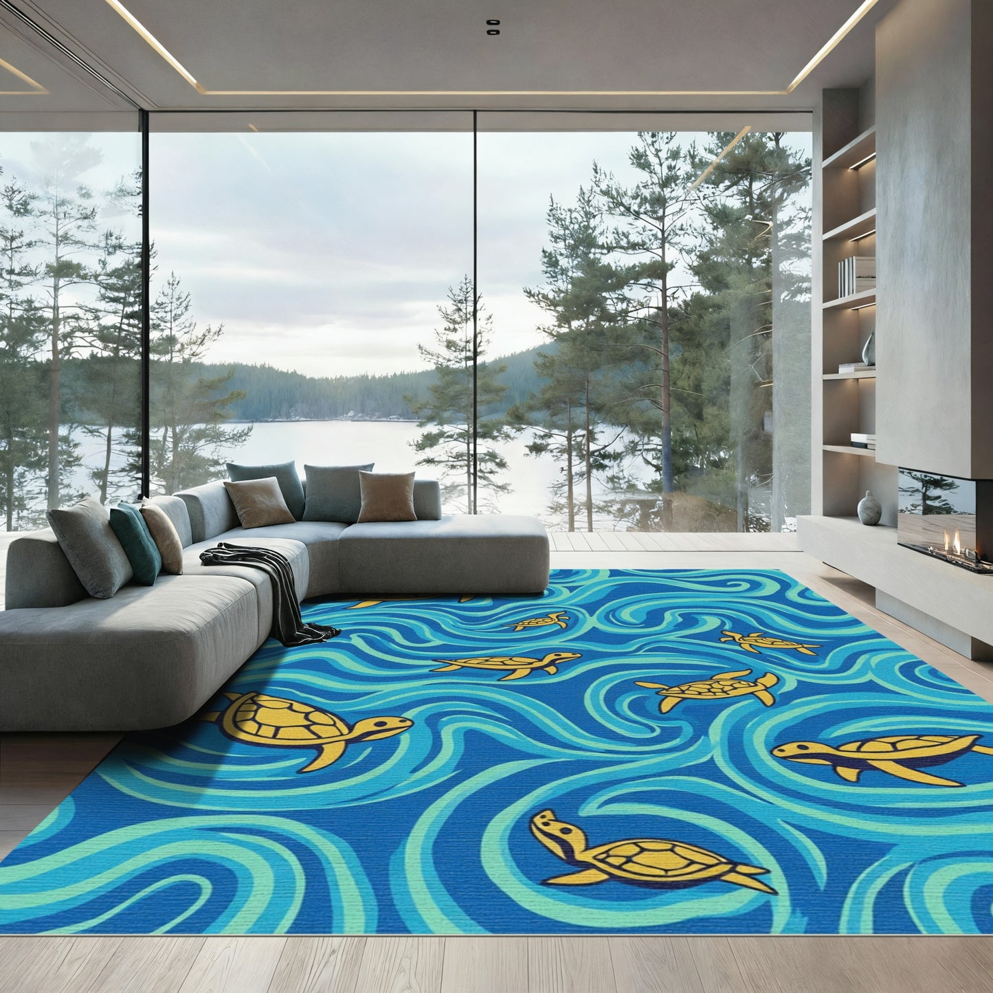 Yellow Turtles In Blue Waves Rug