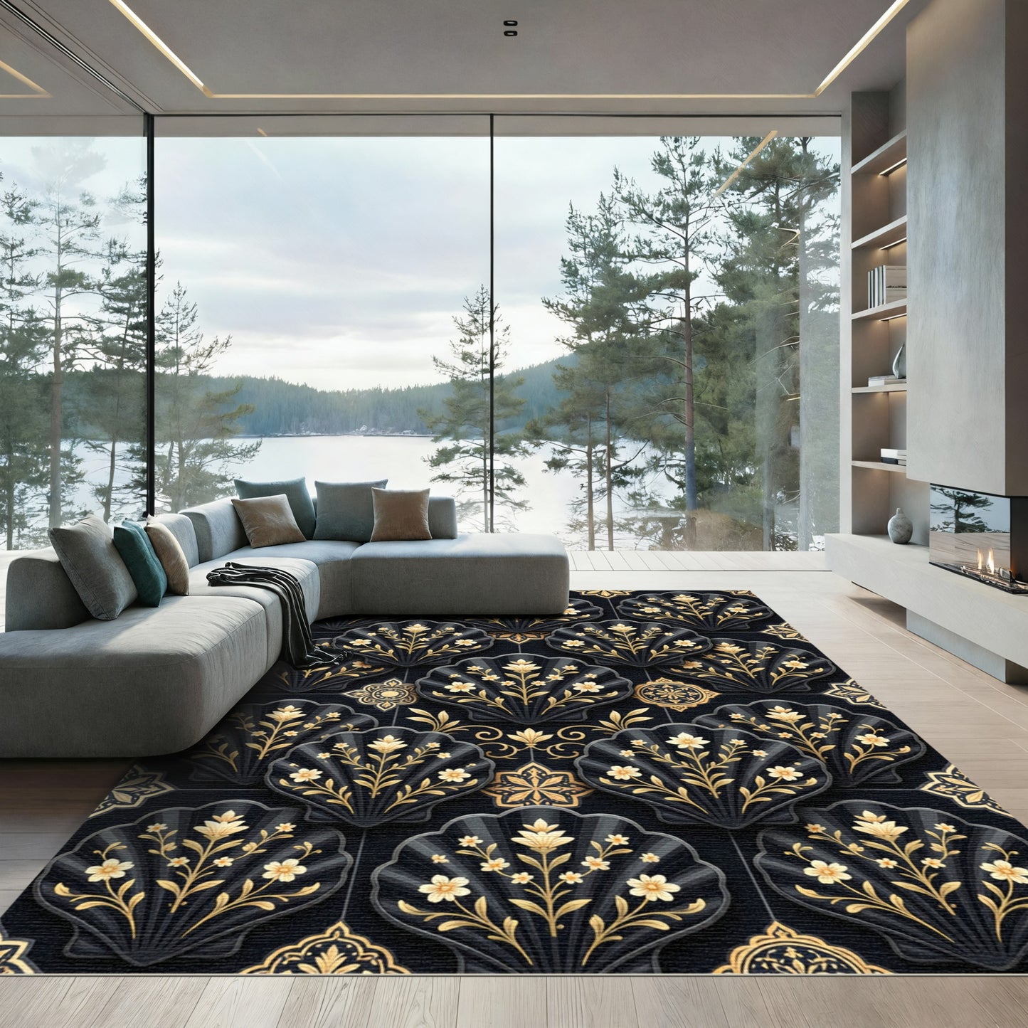 Golden Floral Fan Black Tile Rug