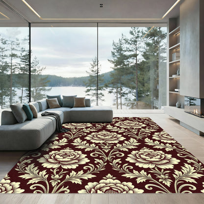 Crimson Floral Scrollwork Medallion Rug