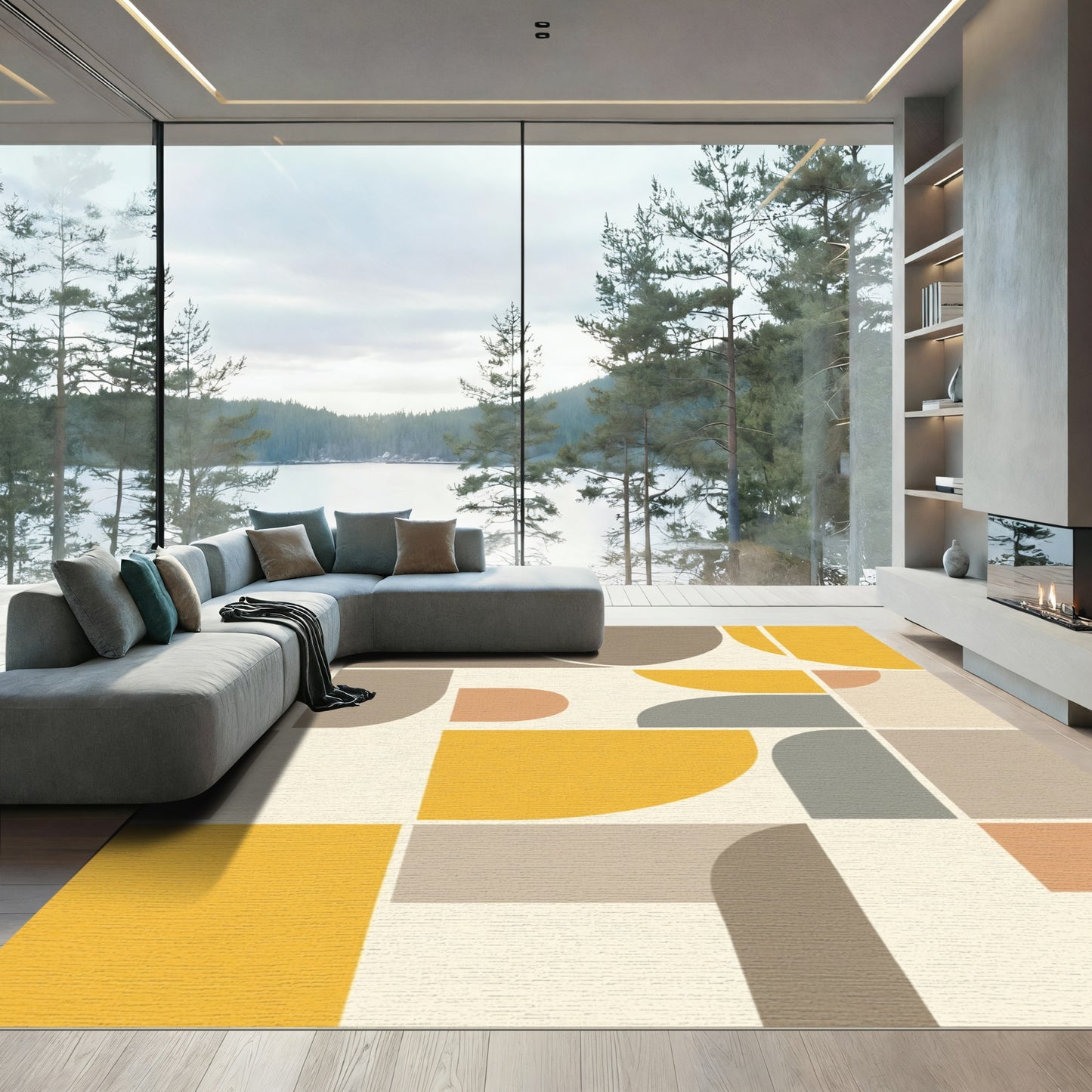 Modern Geometric Curves Ochre Gray Rug