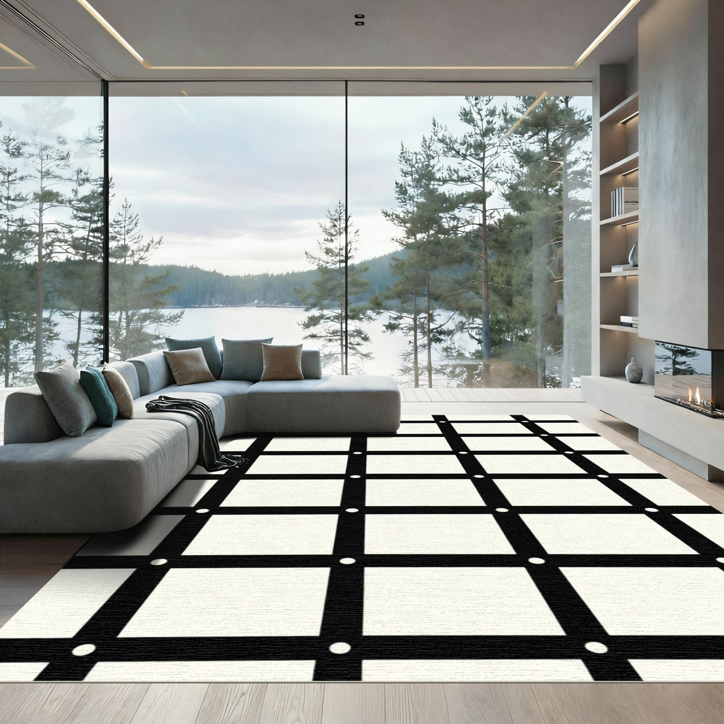Monochrome Grid With White Dot Accents Rug