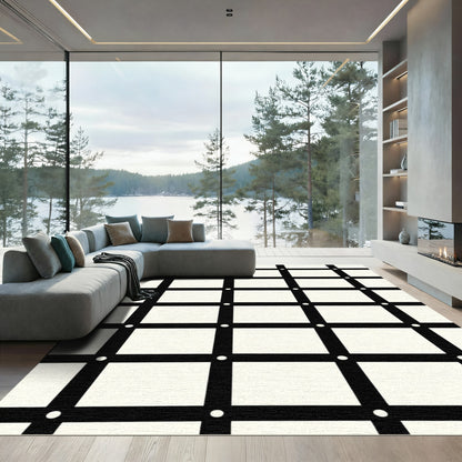 Monochrome Grid With White Dot Accents Rug