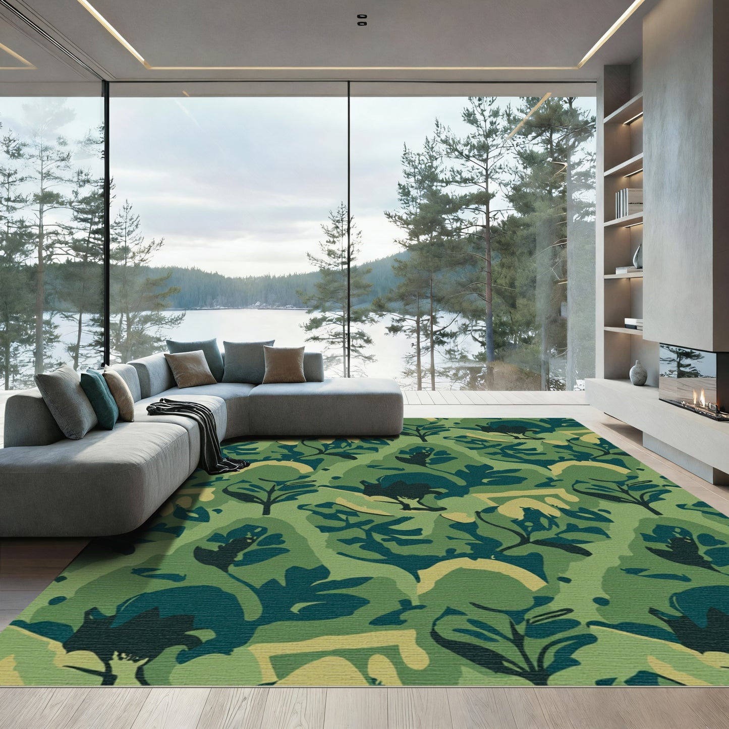 Abstract Forest Green Painterly Foliage Rug