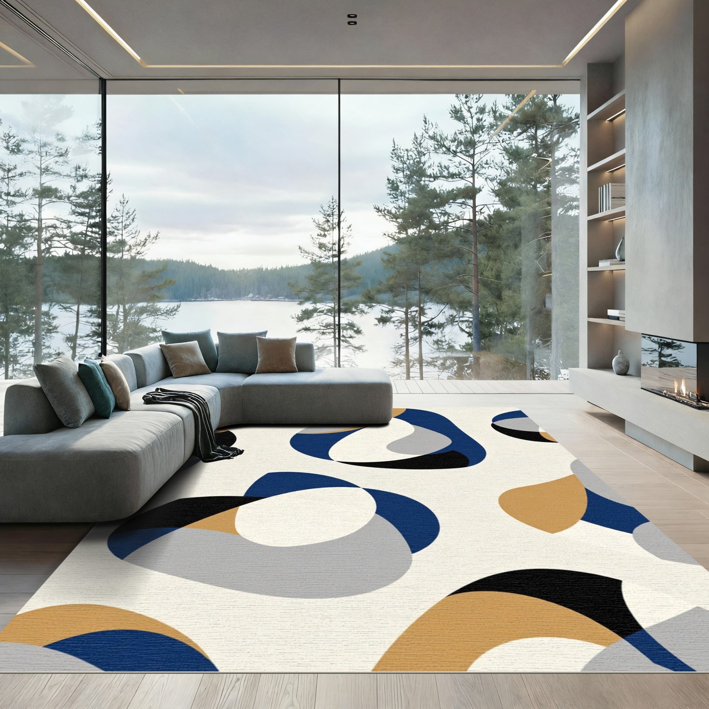 Abstract Blue Gold Gray Organic Forms Rug
