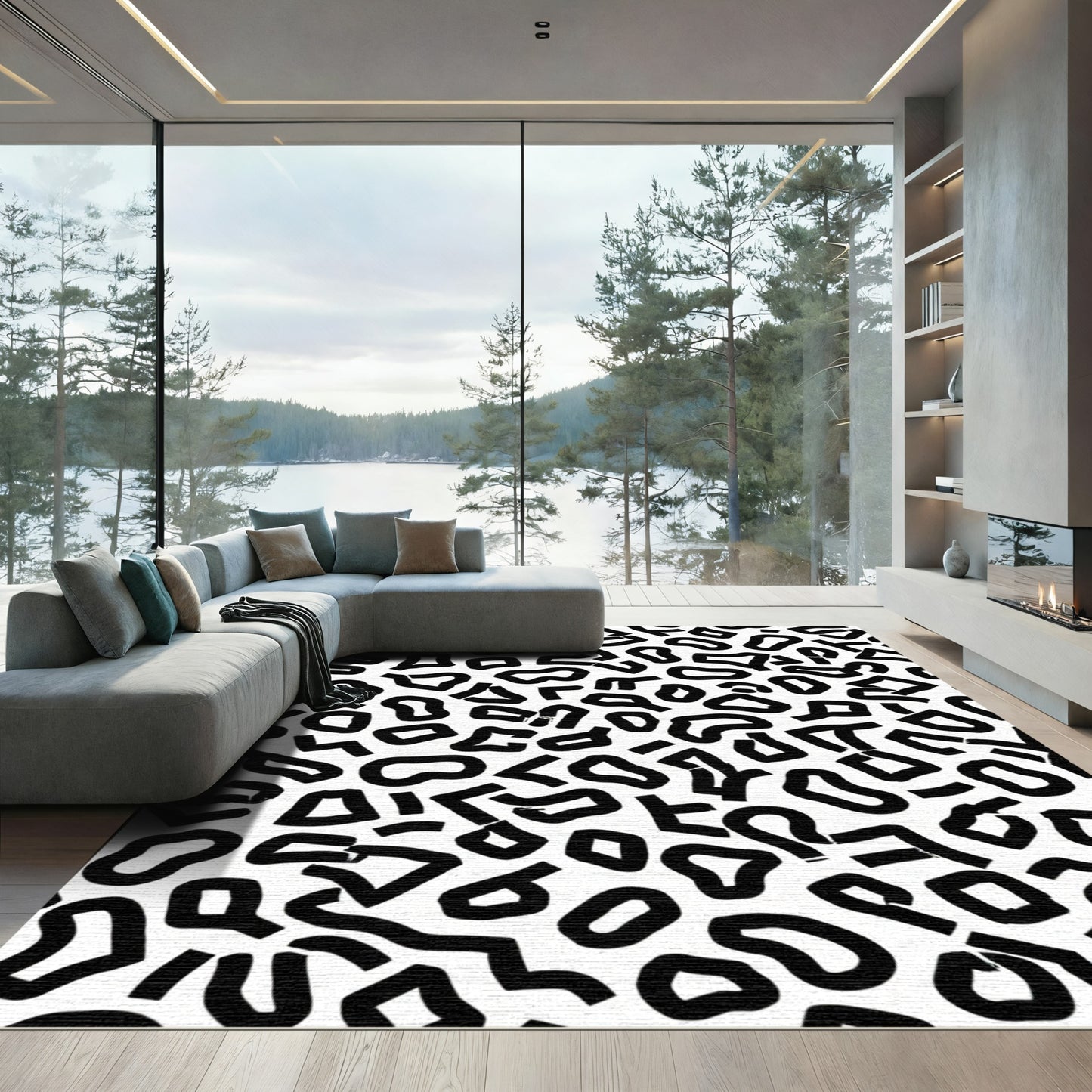 Black White Abstract Blob Rug