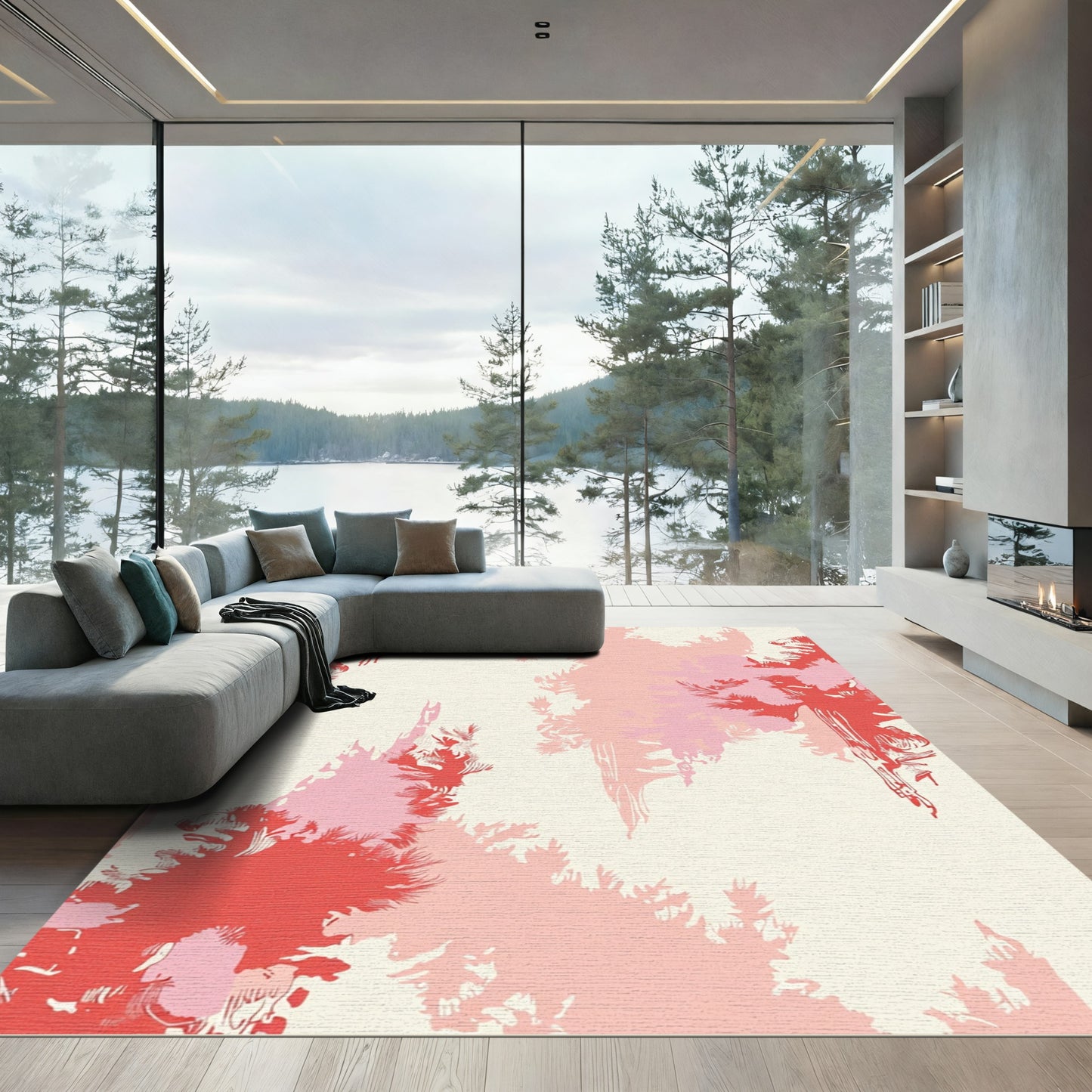 Red Pink Tree Canopy Silhouette Rug