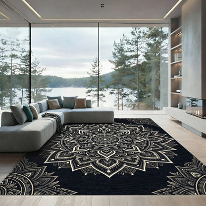 Elegant Monochrome Floral Mandala Medallion Rug