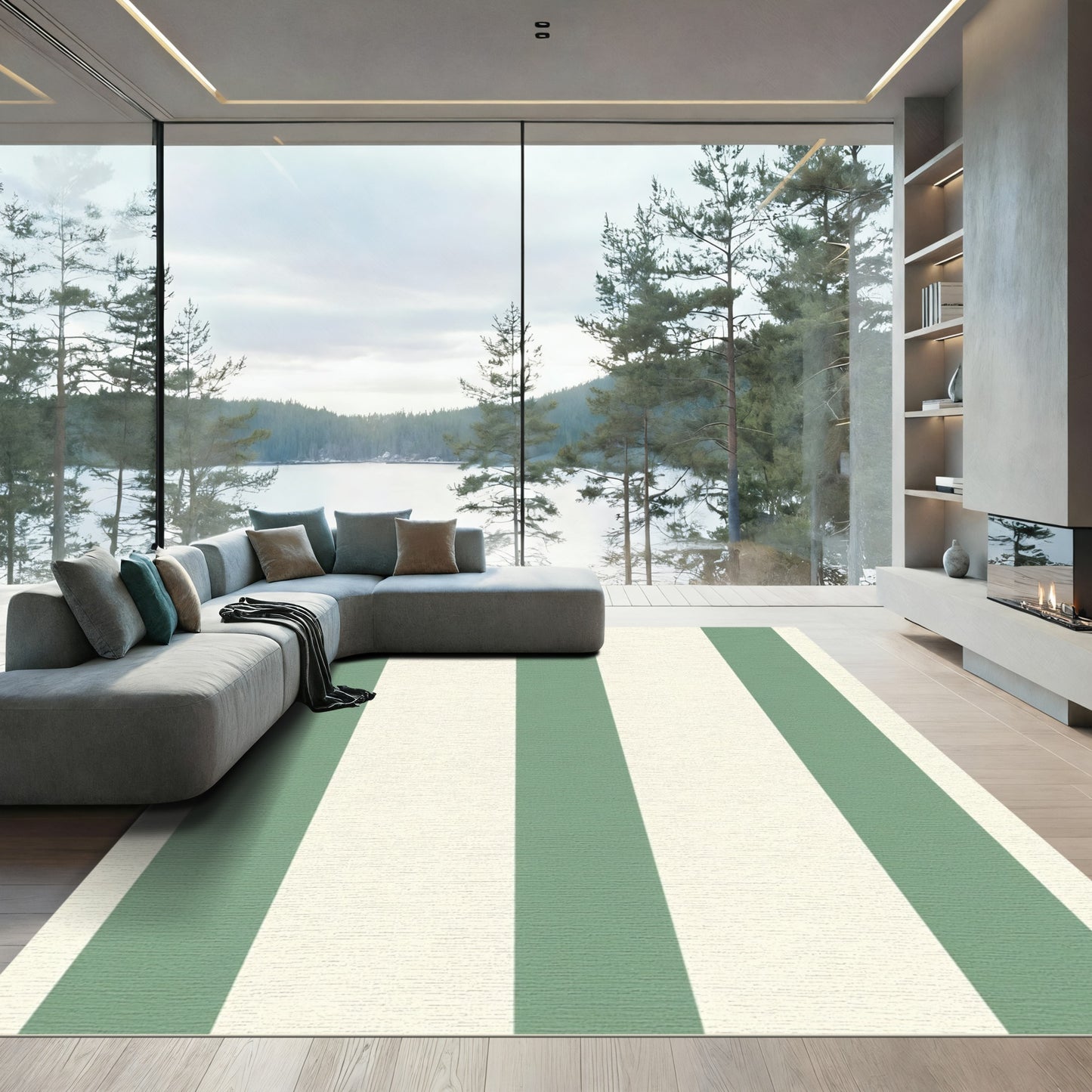 Sage Green Cream Wide Stripe Rug