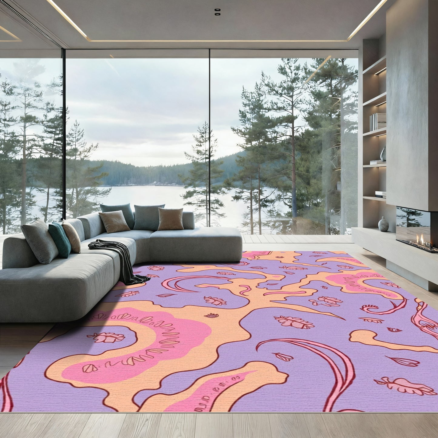 Lavender Peach Pink Organic Swirls Rug