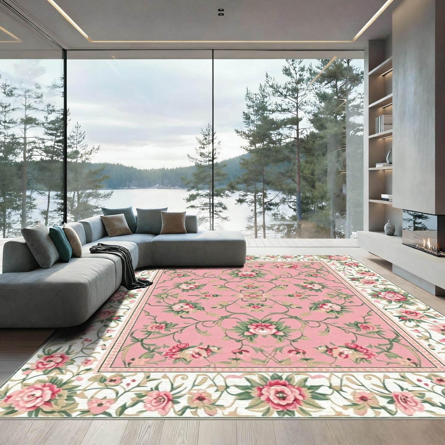 Charming Pink Floral Garden Scrollwork Rug