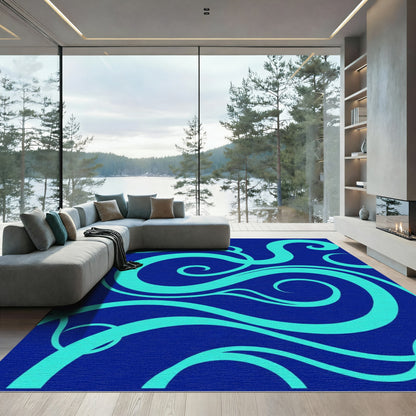 Aqua Swirls on Dark Blue Background Rug